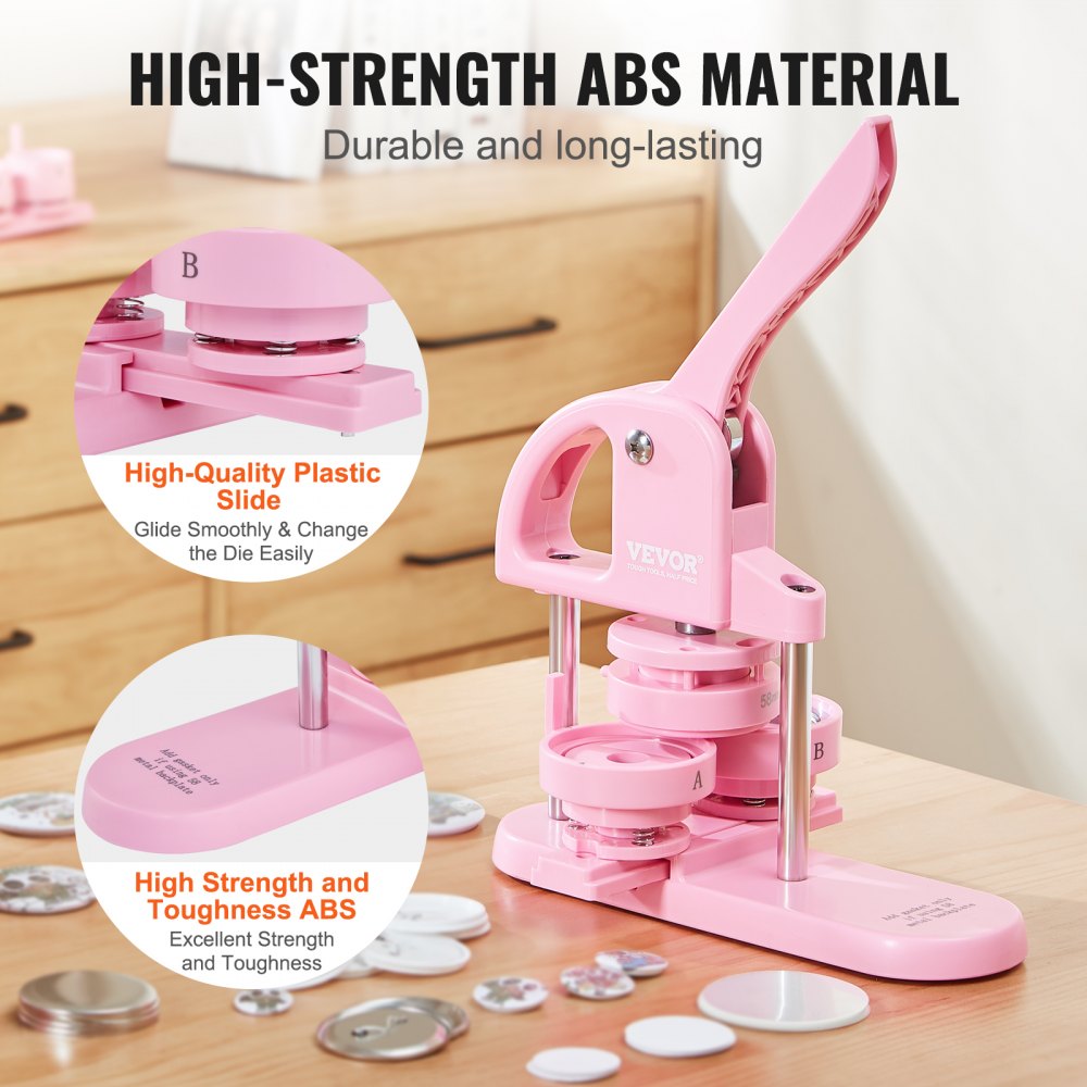 3-IN-1 Button Maker, 1/1.25/2.28 inch(25/32/58mm) Pin Maker, 300pcs Button Parts,Button Maker Machine with Panda Magic Book,  Ergonomic Arc Handle Punch Press Kit, For Children DIY Gifts, Pink
