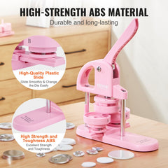 3-IN-1 Button Maker, 1/1.25/2.28 inch(25/32/58mm) Pin Maker, 300pcs Button Parts,Button Maker Machine with Panda Magic Book,  Ergonomic Arc Handle Punch Press Kit, For Children DIY Gifts, Pink