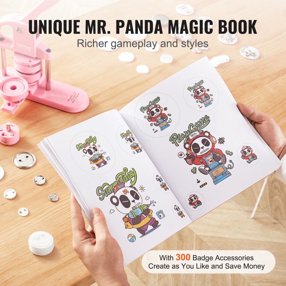 3-IN-1 Button Maker, 1/1.25/2.28 inch(25/32/58mm) Pin Maker, 300pcs Button Parts,Button Maker Machine with Panda Magic Book,  Ergonomic Arc Handle Punch Press Kit, For Children DIY Gifts, Pink