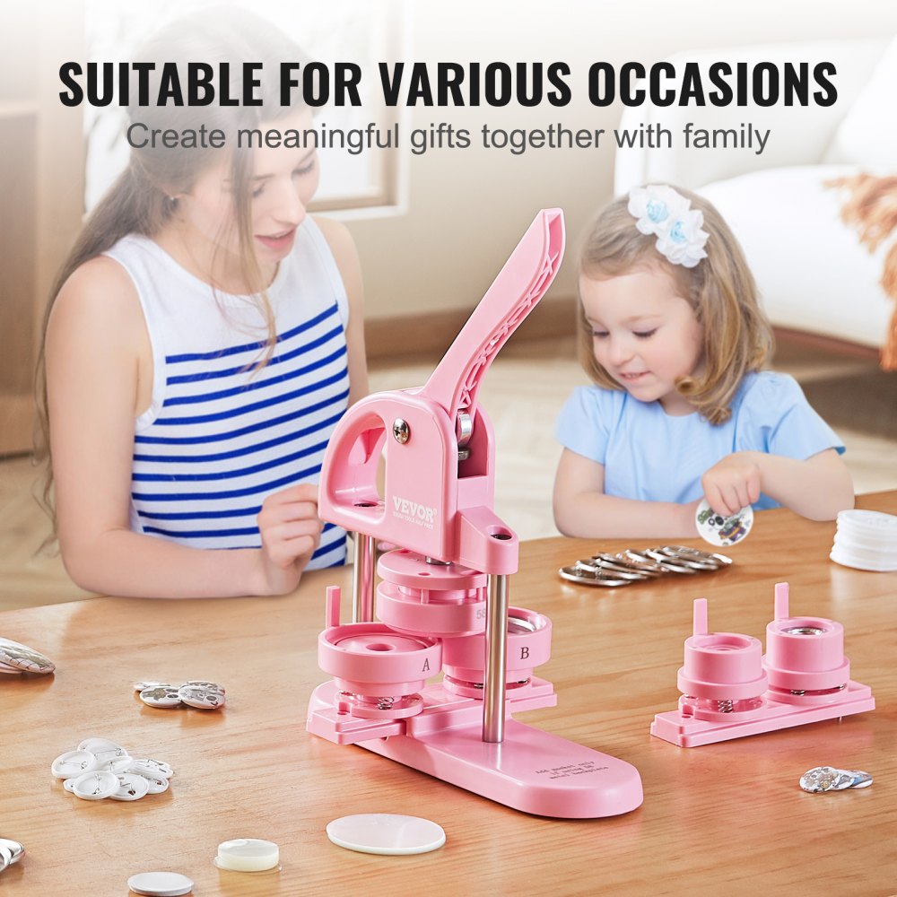 3-IN-1 Button Maker, 1/1.25/2.28 inch(25/32/58mm) Pin Maker, 300pcs Button Parts,Button Maker Machine with Panda Magic Book,  Ergonomic Arc Handle Punch Press Kit, For Children DIY Gifts, Pink