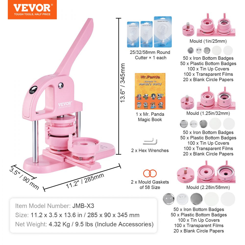 3-IN-1 Button Maker, 1/1.25/2.28 inch(25/32/58mm) Pin Maker, 300pcs Button Parts,Button Maker Machine with Panda Magic Book,  Ergonomic Arc Handle Punch Press Kit, For Children DIY Gifts, Pink