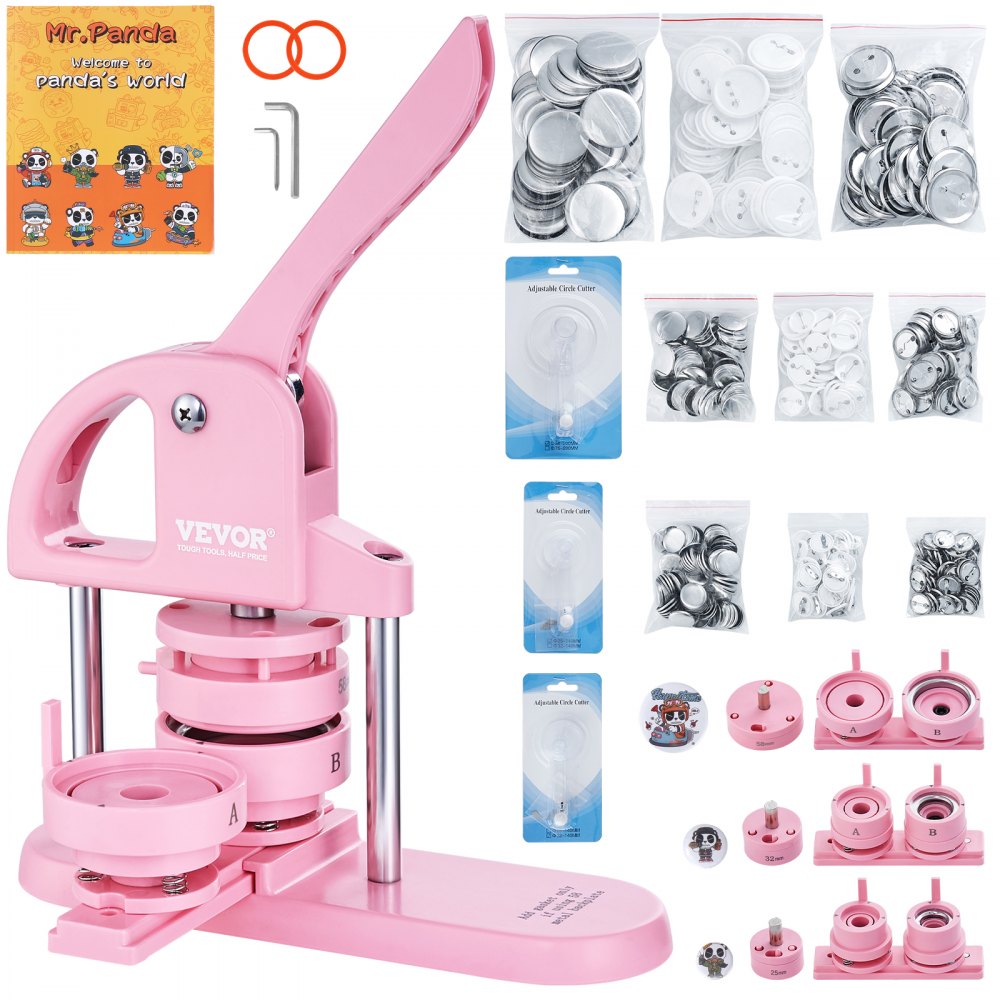 3-IN-1 Button Maker, 1/1.25/2.28 inch(25/32/58mm) Pin Maker, 300pcs Button Parts,Button Maker Machine with Panda Magic Book,  Ergonomic Arc Handle Punch Press Kit, For Children DIY Gifts, Pink