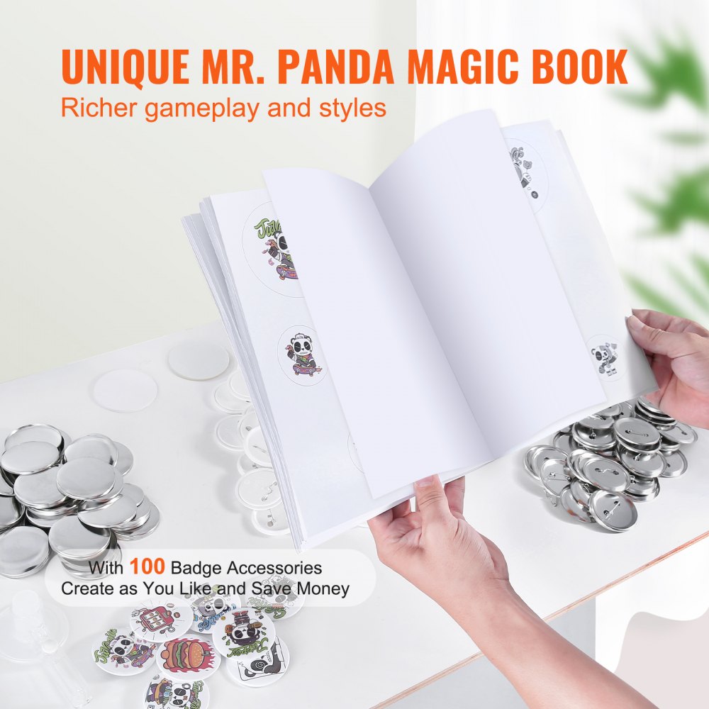 Button Maker Machine, 2.28 inch/58mm Pin Maker with 100pcs Button Parts, Ergonomic Arc Handle Punch Press Kit, Button Maker with Panda Magic Book, For Children DIY Gifts and Christmas