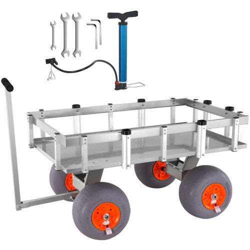 Beach Fishing Cart, 500 lbs Load Capacity, Fish and Marine Cart with Four 13" Big Wheels PU Balloon Tires for Sand, Heavy-Duty Aluminum Pier Wagon Trolley with 6 Rod Holders for Fishing, Picnic