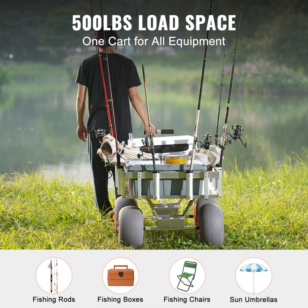 Beach Fishing Cart, 500 lbs Load Capacity, Fish and Marine Cart with Four 13" Big Wheels PU Balloon Tires for Sand, Heavy-Duty Aluminum Pier Wagon Trolley with 6 Rod Holders for Fishing, Picnic