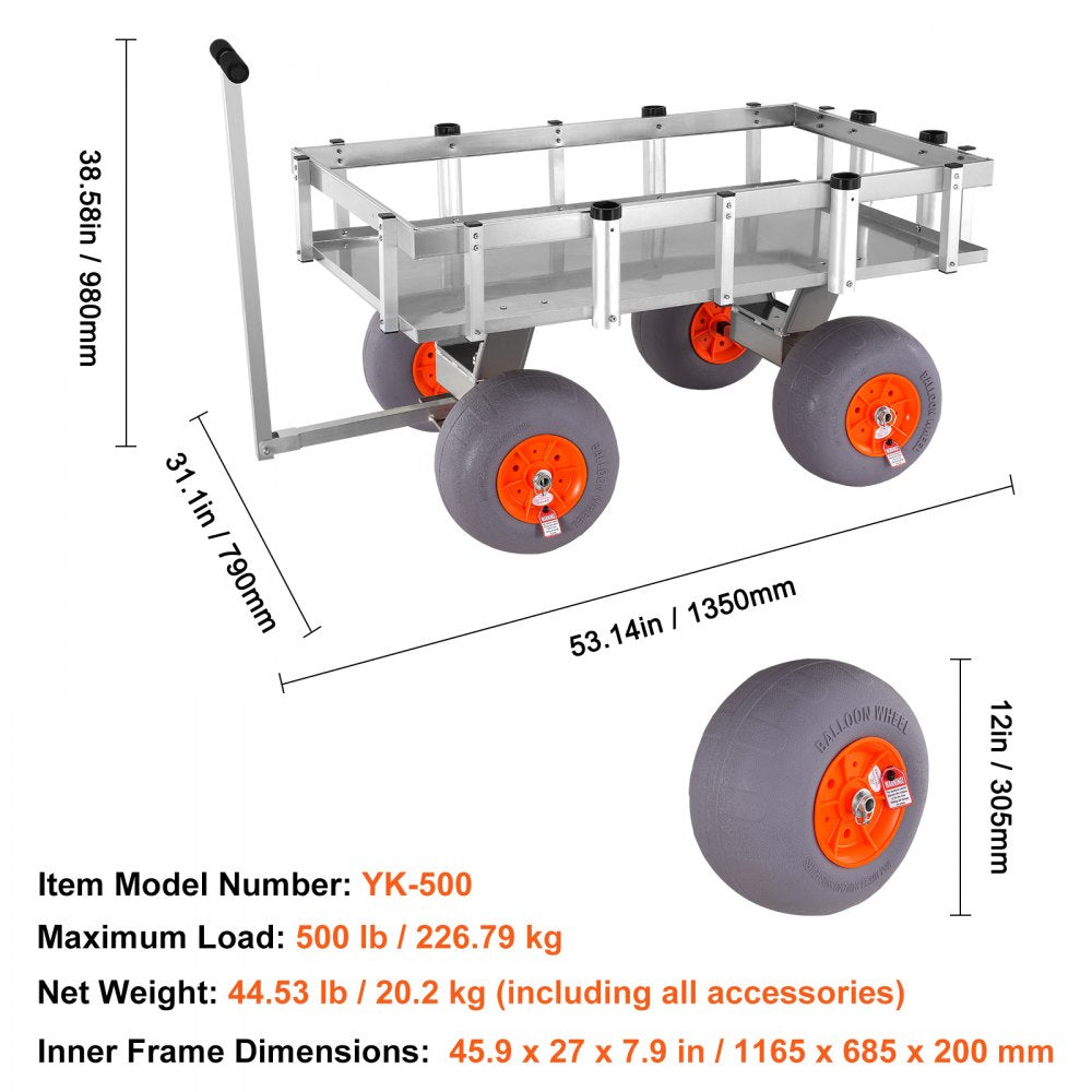 Beach Fishing Cart, 500 lbs Load Capacity, Fish and Marine Cart with Four 13" Big Wheels PU Balloon Tires for Sand, Heavy-Duty Aluminum Pier Wagon Trolley with 6 Rod Holders for Fishing, Picnic