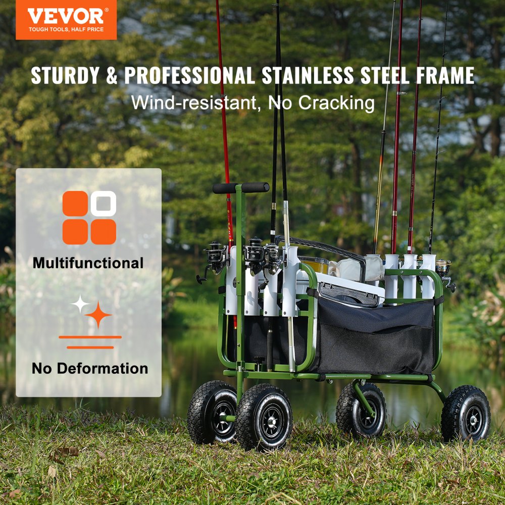 Beach Fishing Cart, 300 lbs Load Capacity, Foldable Fish and Marine Cart with Four 11" Big Wheels Rubber Balloon Tires for Sand, Heavy-Duty Steel Pier Wagon Trolley with 8 Rod Holders for Picnic