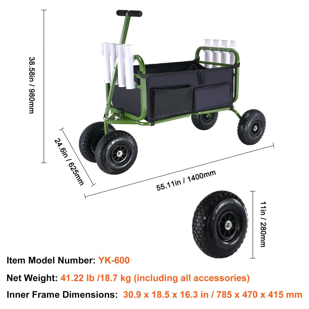 Beach Fishing Cart, 300 lbs Load Capacity, Foldable Fish and Marine Cart with Four 11" Big Wheels Rubber Balloon Tires for Sand, Heavy-Duty Steel Pier Wagon Trolley with 8 Rod Holders for Picnic