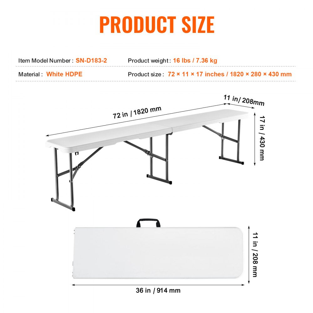 6FT Plastic Folding Bench Portable Outdoor Bench for Picnic Camping Garden