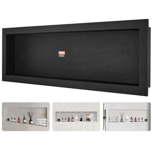 Black 16"x50" shower niche with a single shelf, tile-ready and waterproof design.