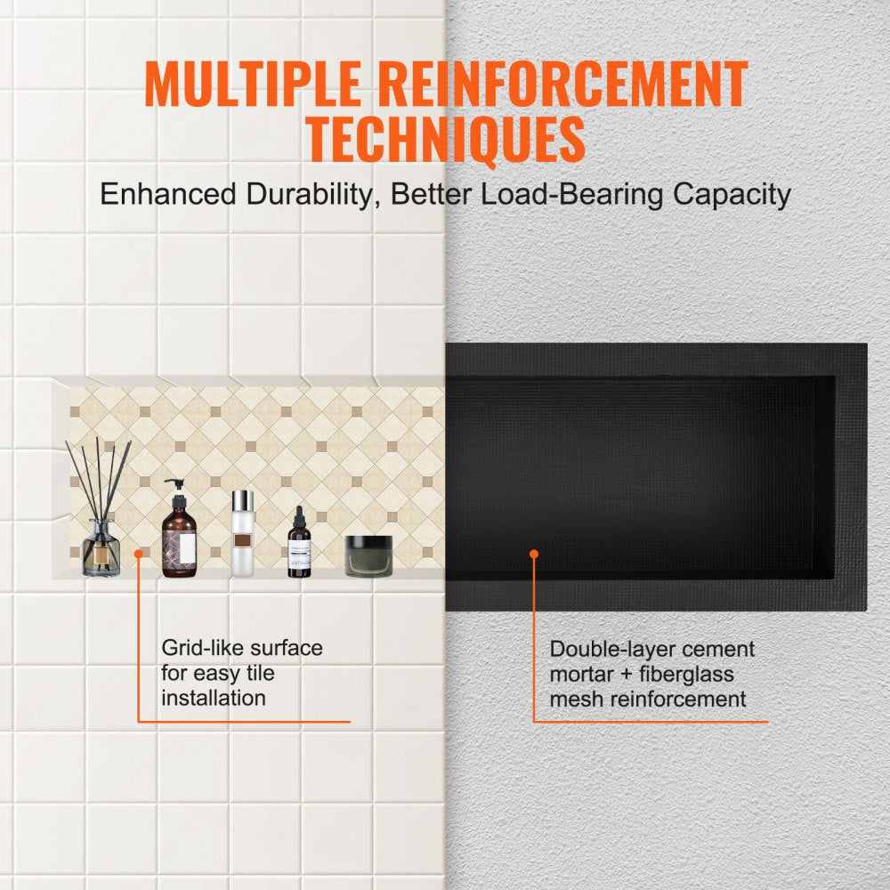 Black 16"x50" shower niche with a single shelf, designed for tile installation and waterproof storage.