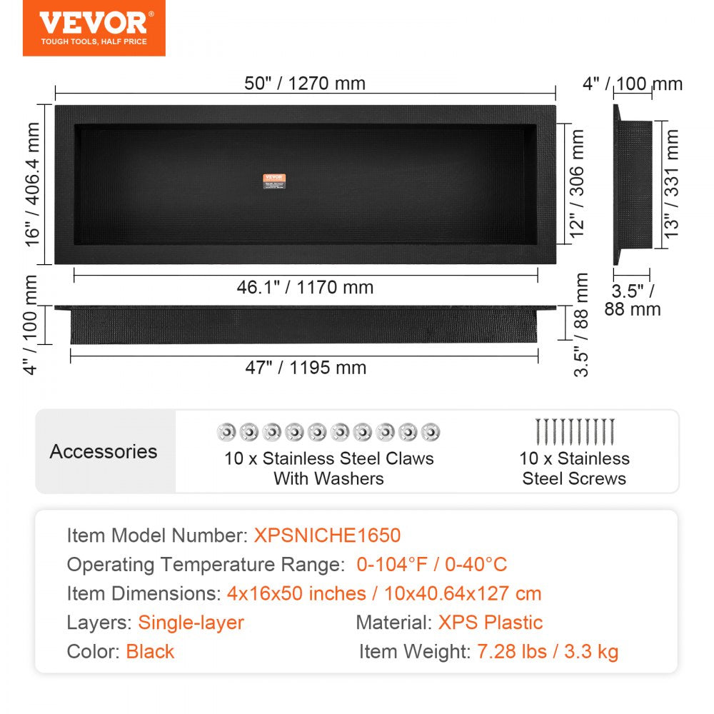 Black 16"x50" shower niche with a single shelf, tile-ready and waterproof design.