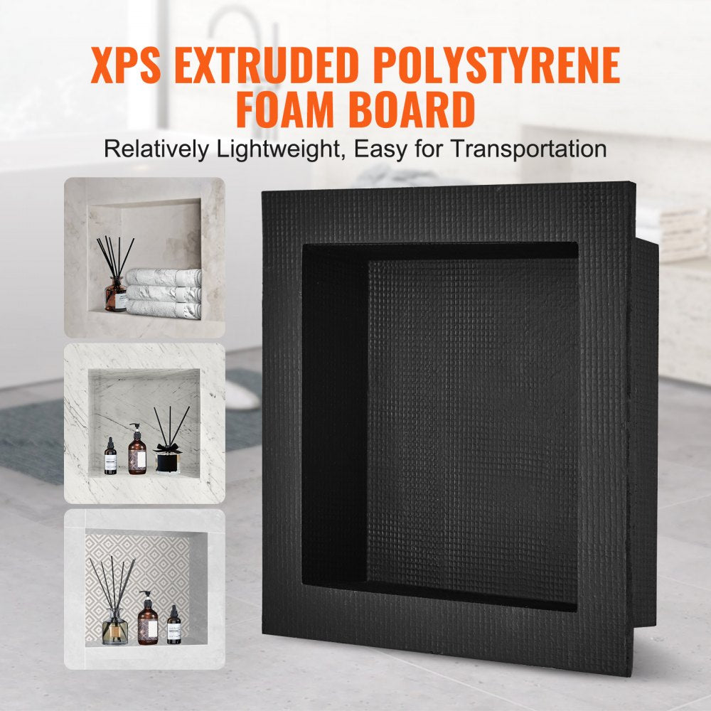Black 16"x16" recessed shower niche with a single shelf, tile-ready design.
