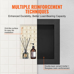 Black 16"x16" recessed shower niche with a single shelf, tile-ready design.
