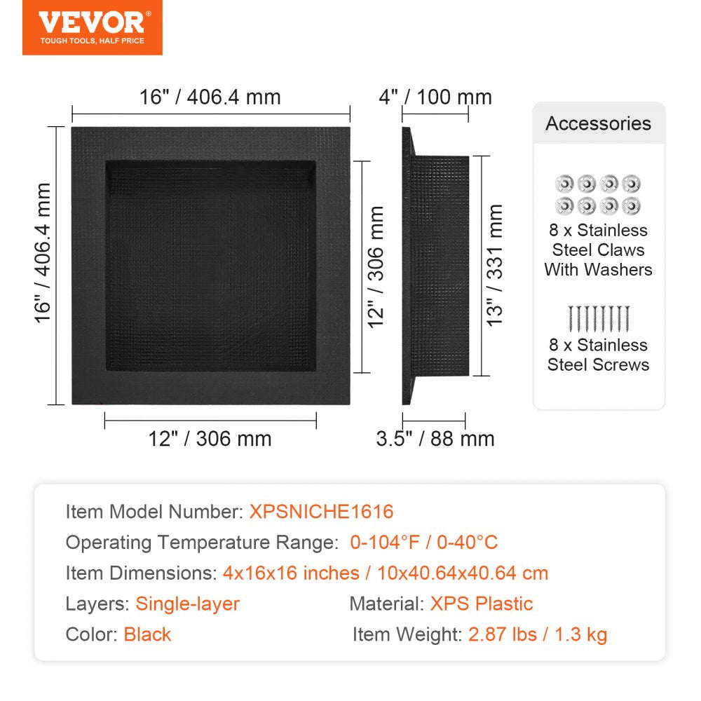 Black 16"x16" recessed shower niche with a single shelf, tile-ready for easy installation.