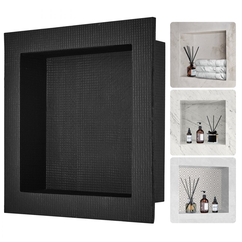 Black 16"x16" recessed shower niche with a single shelf, tile-ready design.