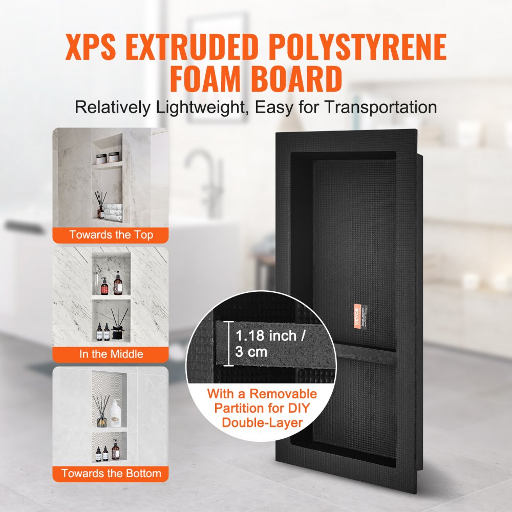 Black 16"x32" shower niche with double shelves and tile-ready design for organized storage.