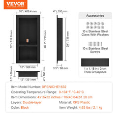 Black 16"x32" shower niche with double shelves and tile-ready design for organized storage.