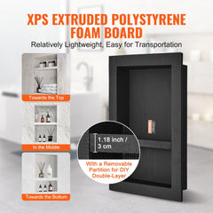 Black 16"x24" double shelf shower niche with tile-ready design and movable partition.