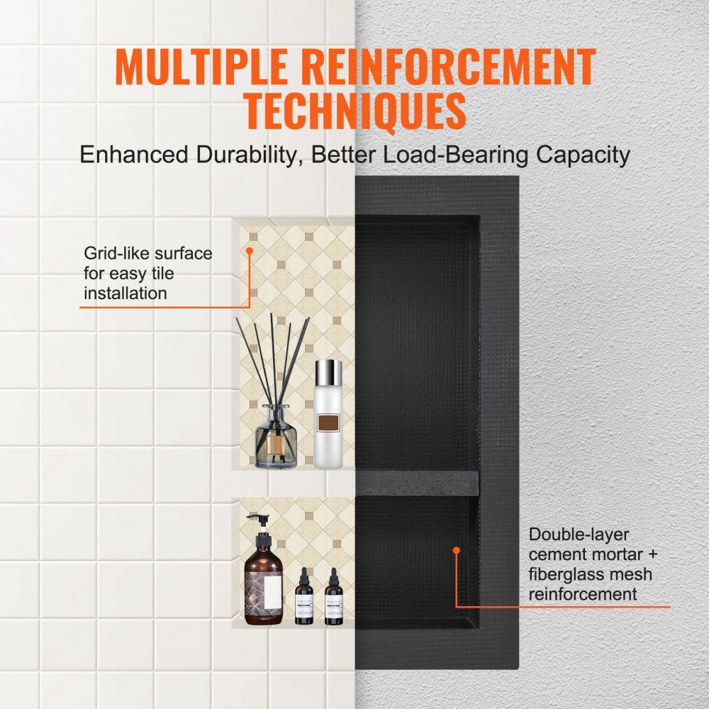 Black 16"x24" double shelf shower niche with tile-ready design and movable partition.