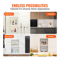 Black 16"x24" double shelf shower niche with tile-ready design and movable partition.