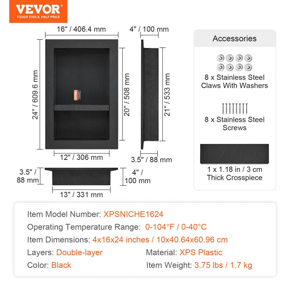 Black 16"x24" double shelf shower niche with tile-ready design and movable partition.