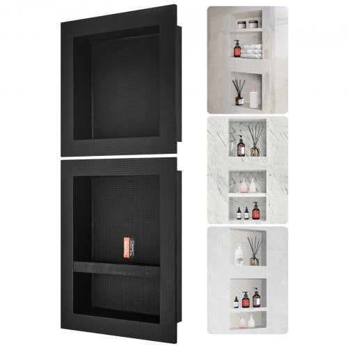 Black waterproof shower niches with triple shelves, 16x16 and 16x20 inches, shown empty and with bathroom products.