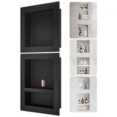 Black waterproof shower niches with triple shelves, 16x16 and 16x20 inches, shown empty and with bathroom products.