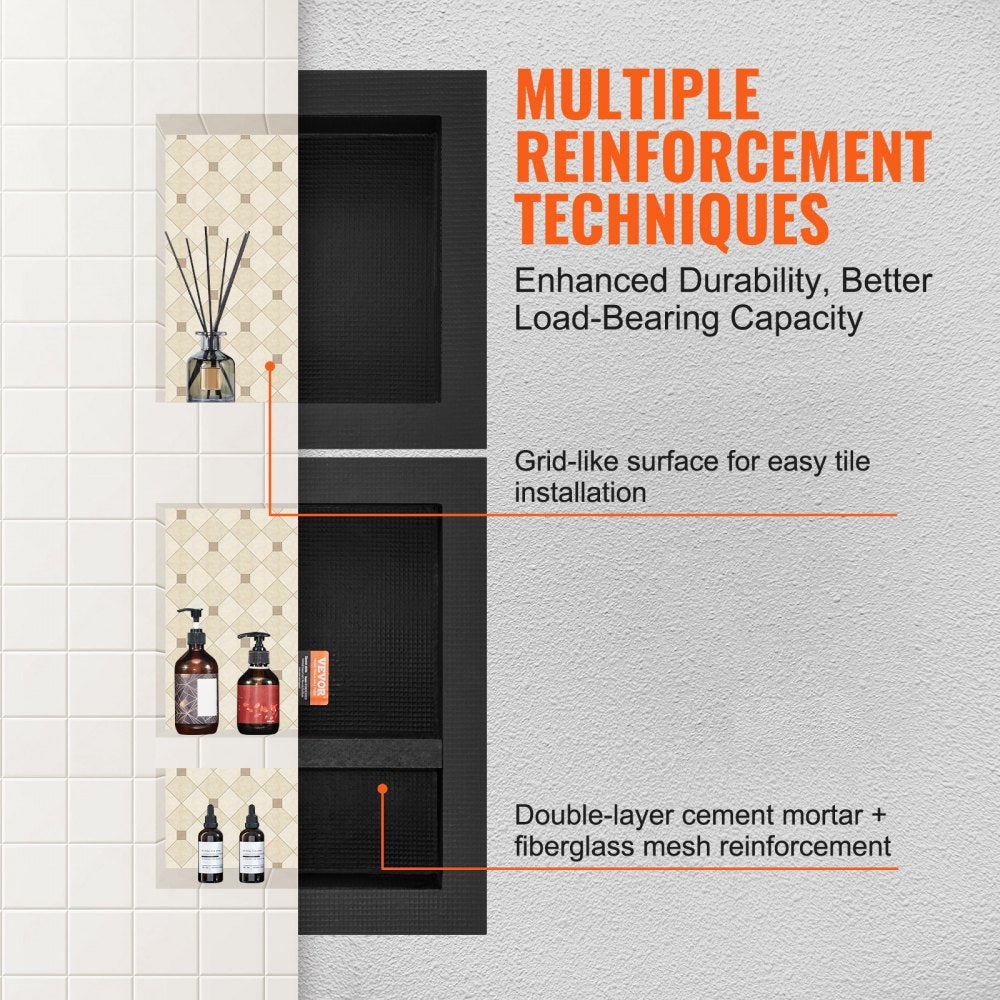 Black waterproof shower niche with triple shelves, showing multiple reinforcement techniques for durability and easy tile installation.