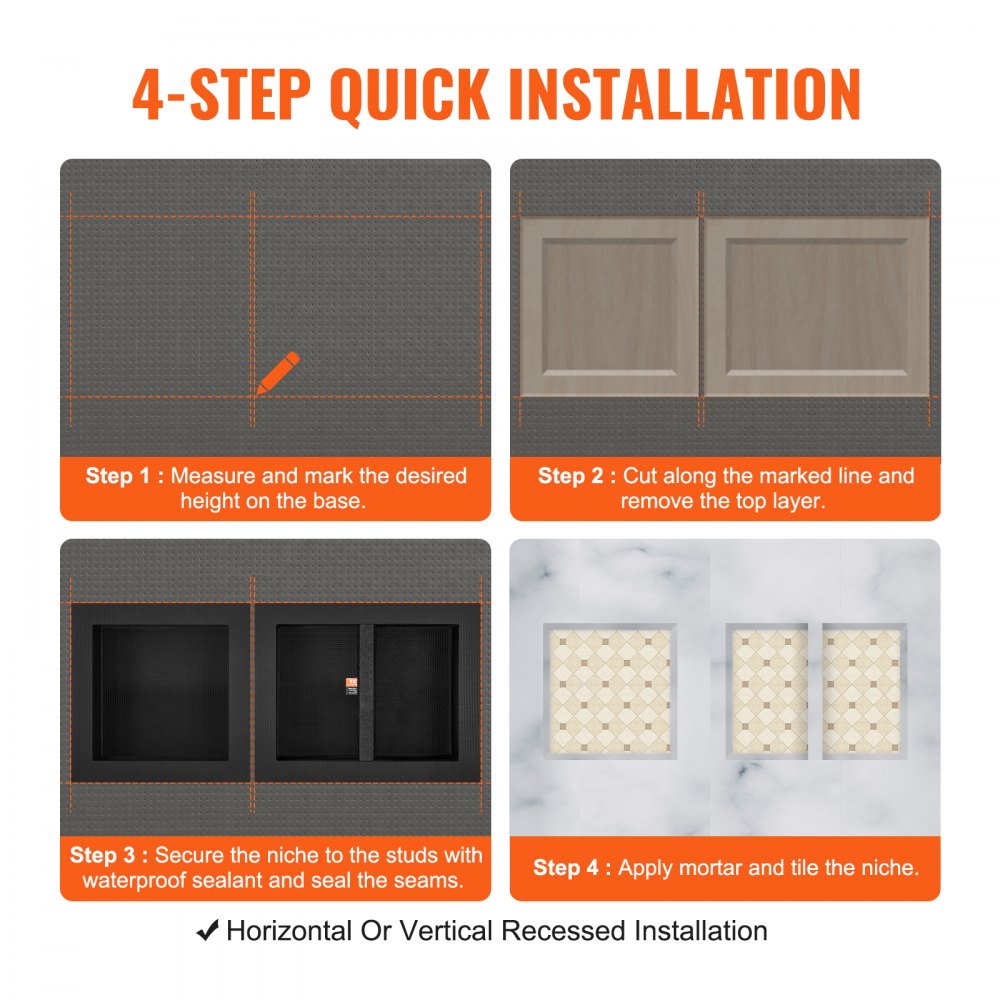4-step quick installation diagram for waterproof shower niche with triple shelves.