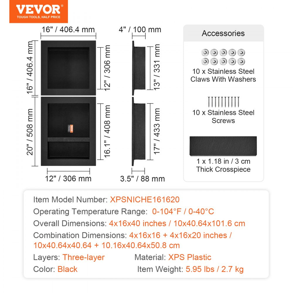 Black waterproof shower niche with triple shelves in 16x16 and 16x20 sizes.