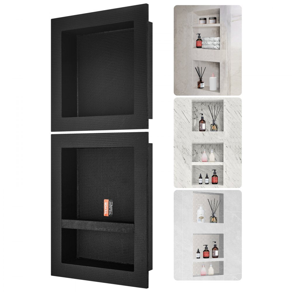 Black waterproof shower niche set with triple shelves in 16x16 and 16x20 sizes, shown empty and with bathroom products.
