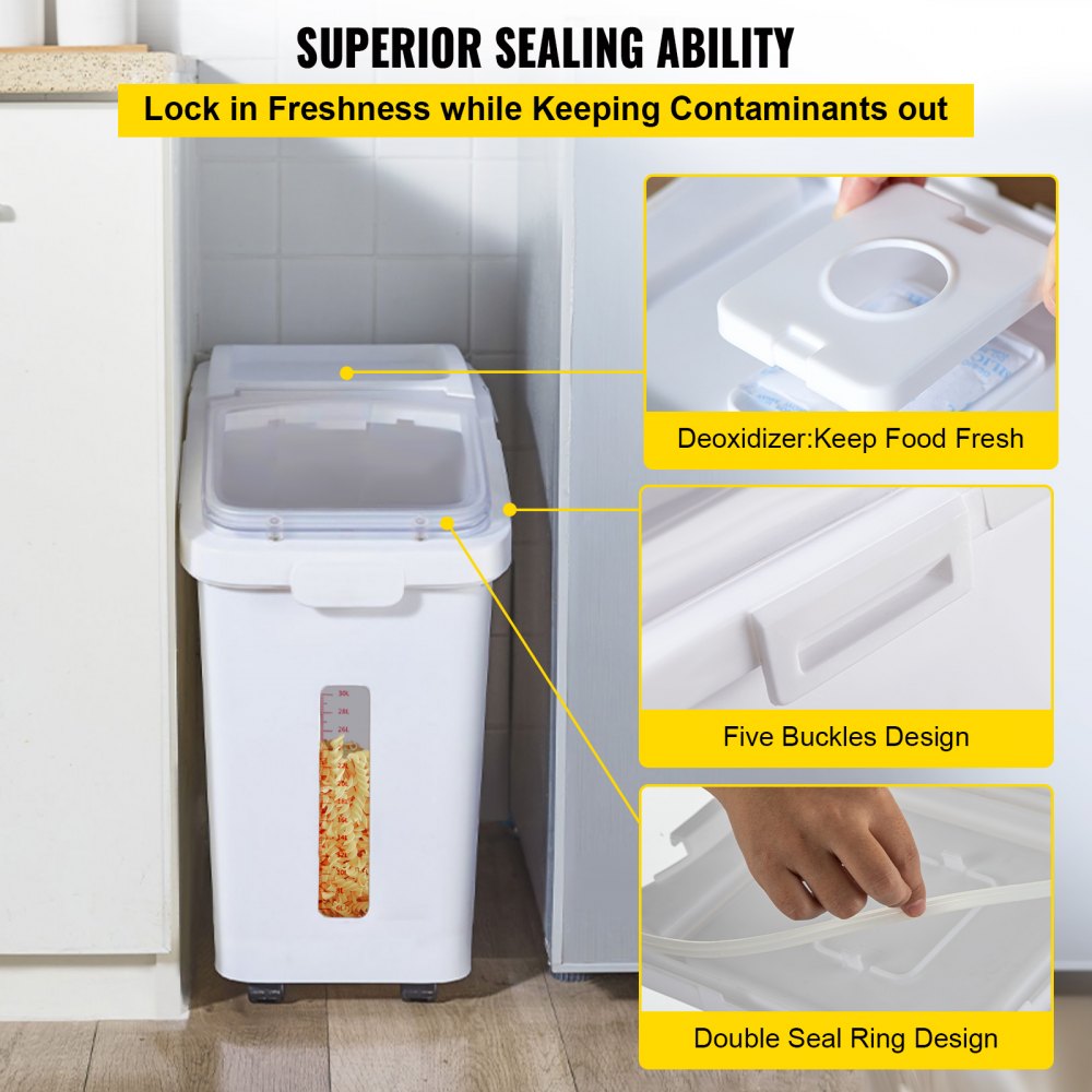 Ingredient Storage Bin, 11.4 Gallon Capacity Shelf Ingredient Bin, 280 Cup Flour Bins on Wheels Commercial Prosave Shelf-storage Ingredient Bin with Lid and Scoop Rice Bin for Kitchen White