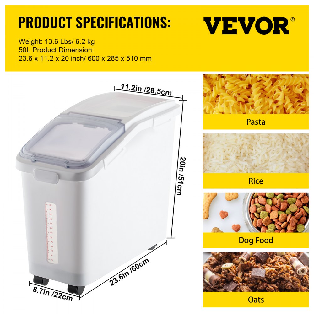 Ingredient Storage Bin, 11.4 Gallon Capacity Shelf Ingredient Bin, 280 Cup Flour Bins on Wheels Commercial Prosave Shelf-storage Ingredient Bin with Lid and Scoop Rice Bin for Kitchen White