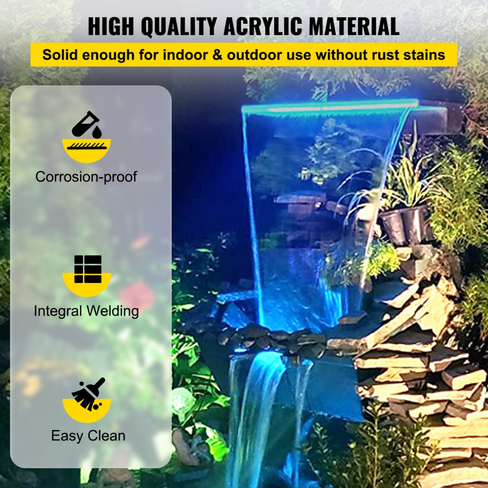 Pool Fountain Spillway 11.8x3.2x8.1 Inches, Fountain Spilway Blue Strip LED Light, Pool Waterfall Fountain Solid Acrylic, Pool Waterfall for Garden Pond, Swimming Pool, Squares