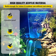 Pool Fountain Spillway 11.8x3.2x8.1 Inches, Fountain Spilway Blue Strip LED Light, Pool Waterfall Fountain Solid Acrylic, Pool Waterfall for Garden Pond, Swimming Pool, Squares