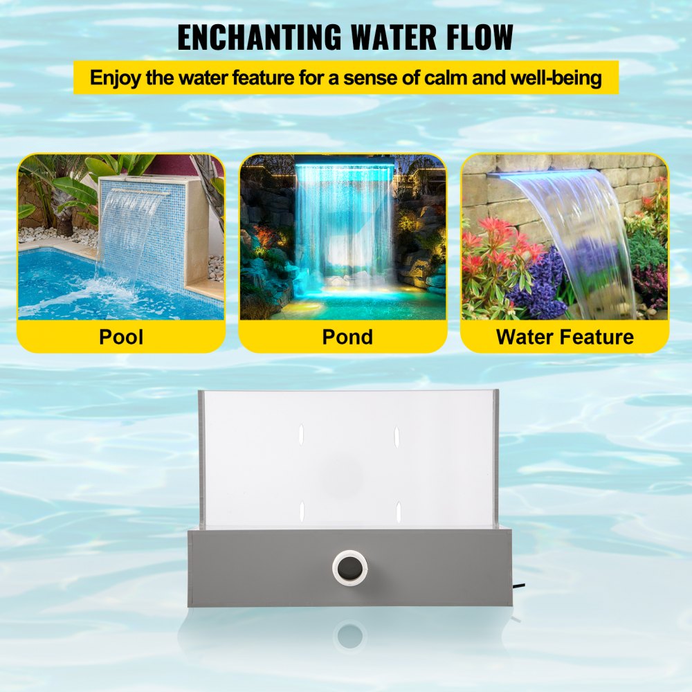 Pool Fountain Spillway 11.8x3.2x8.1 Inches, Fountain Spilway Blue Strip LED Light, Pool Waterfall Fountain Solid Acrylic, Pool Waterfall for Garden Pond, Swimming Pool, Squares