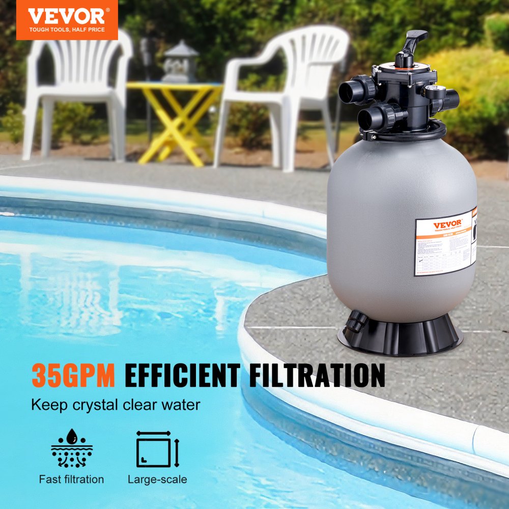 Sand Filter, 16-inch, Up to 35 GPM Flow Rate, Above Inground Swimming Pool Sand Filter System with 7-Way Multi-Port Valve, Filter, Backwash, Rinse, Recirculate, Waste, Winter, Closed Functions