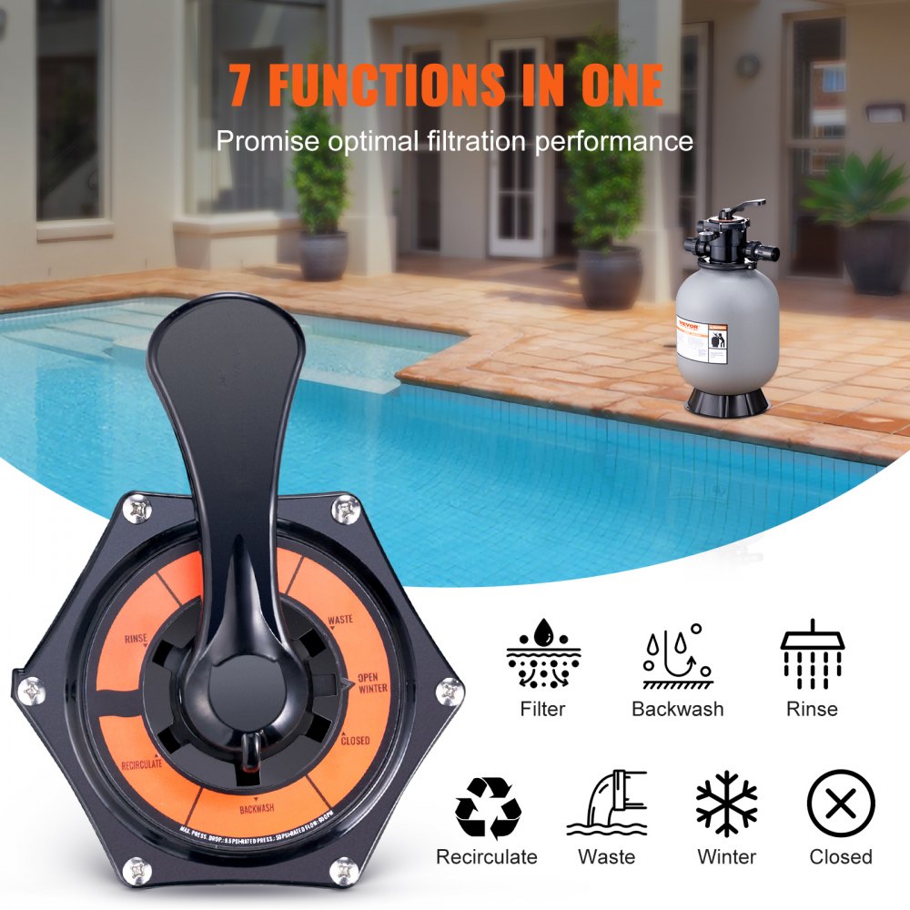 Sand Filter, 16-inch, Up to 35 GPM Flow Rate, Above Inground Swimming Pool Sand Filter System with 7-Way Multi-Port Valve, Filter, Backwash, Rinse, Recirculate, Waste, Winter, Closed Functions