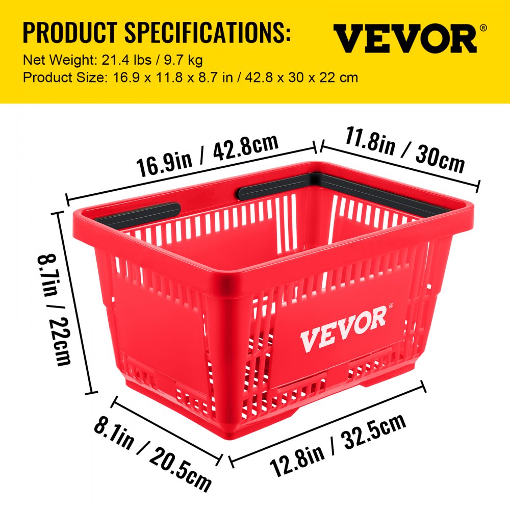 Shopping Basket, 16.9 x 11.8 x 8.7 in/42.8 x 30 x 22 cm((L x W x H), Plastic Handle and Iron Stand, Set of 12 Store Baskets with Durable PE Material Used for Supermarket, Retail, Bookstore, Red