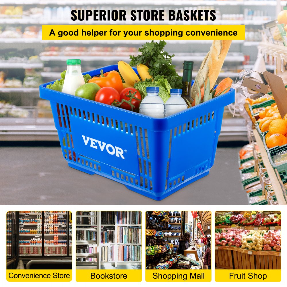 Shopping Basket, 16.9 x 11.8 x 8.7 in/42.8 x 30 x 22 cm(L x W x H), Plastic Handle and Iron Stand, Set of 12 Store Baskets with Durable PE Material Used for Supermarket, Retail, Bookstore, Blue