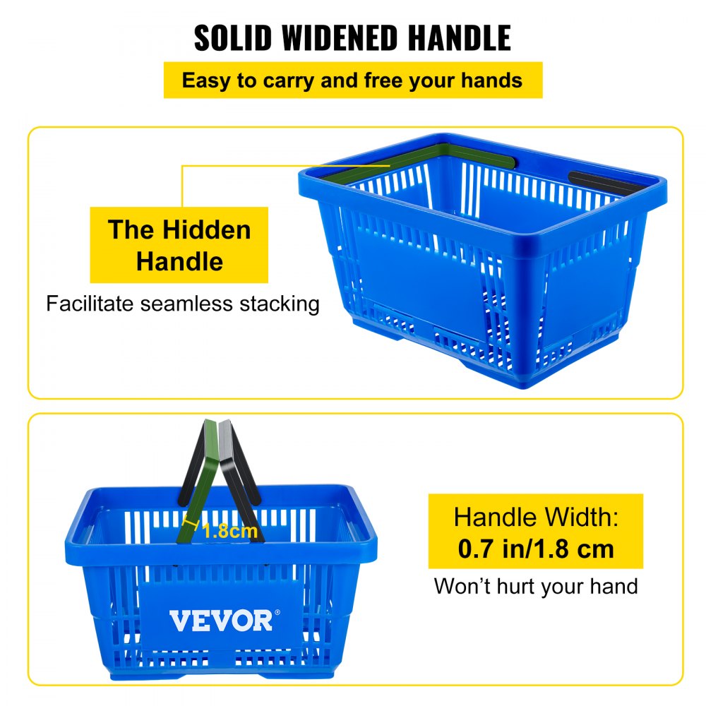 Shopping Basket, 16.9 x 11.8 x 8.7 in/42.8 x 30 x 22 cm(L x W x H), Plastic Handle and Iron Stand, Set of 12 Store Baskets with Durable PE Material Used for Supermarket, Retail, Bookstore, Blue