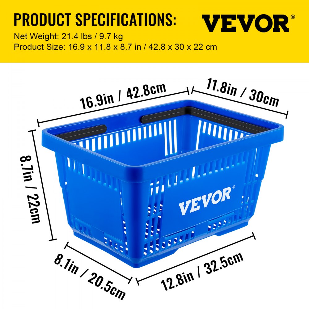 Shopping Basket, 16.9 x 11.8 x 8.7 in/42.8 x 30 x 22 cm(L x W x H), Plastic Handle and Iron Stand, Set of 12 Store Baskets with Durable PE Material Used for Supermarket, Retail, Bookstore, Blue
