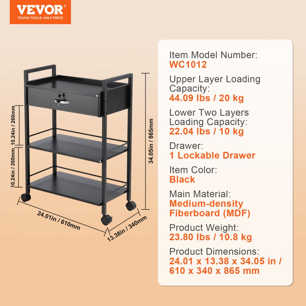 Beauty Salon Trolley Cart, 3-Tier Hair Salon Stations Cabinet for Stylist with Lockable Drawer, MDF Rolling Storage Station with 4 Wheels (2 Lockable) for Beauty SPA Barbershop Tattoo