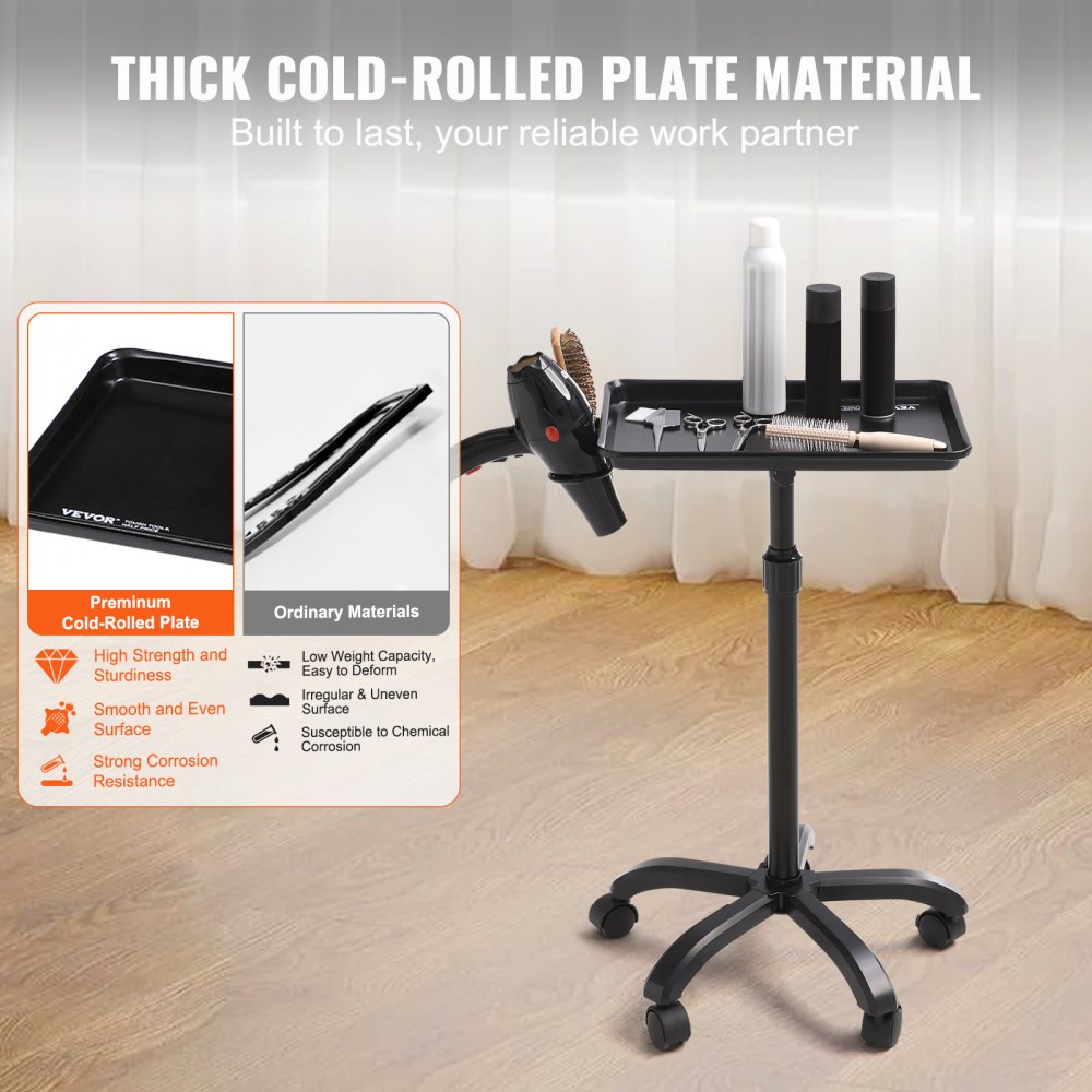 Salon Tray Cart, 30"-43" Height Adjustable Rolling Salon Tray, Cold-rolled Plate Tattoo Tray with 5 Wheels (2 Lockable) for SPA Barbershop Clinic, Black