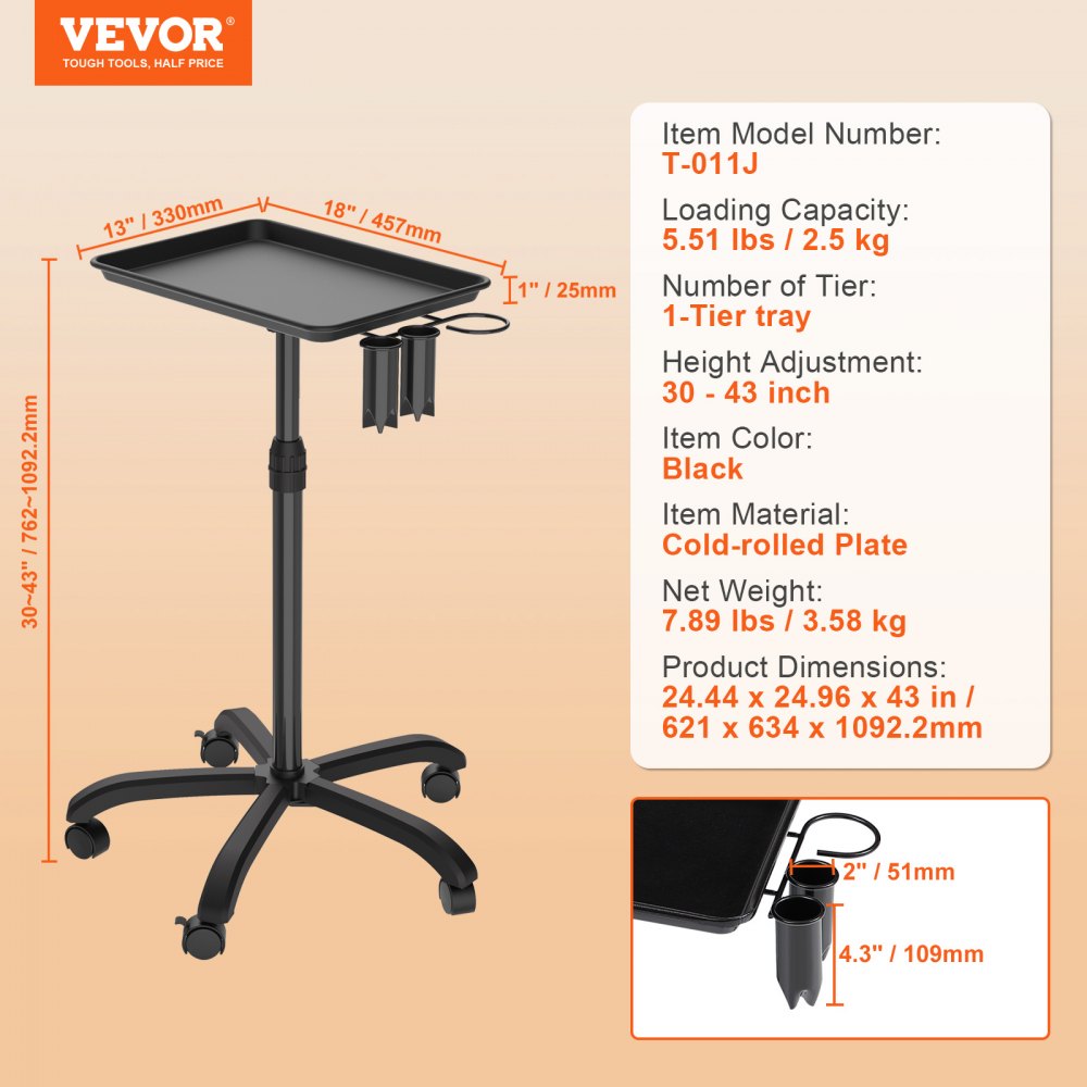 Salon Tray Cart, 30"-43" Height Adjustable Rolling Salon Tray, Cold-rolled Plate Tattoo Tray with 5 Wheels (2 Lockable) for SPA Barbershop Clinic, Black