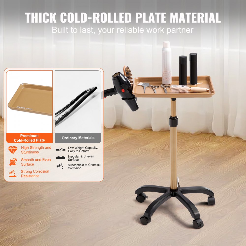 Salon Tray Cart, 30"-43" Height Adjustable Rolling Salon Tray, Cold-rolled Plate Tattoo Tray with 5 Wheels (2 Lockable) for SPA Barber Clinic, Gold & Black