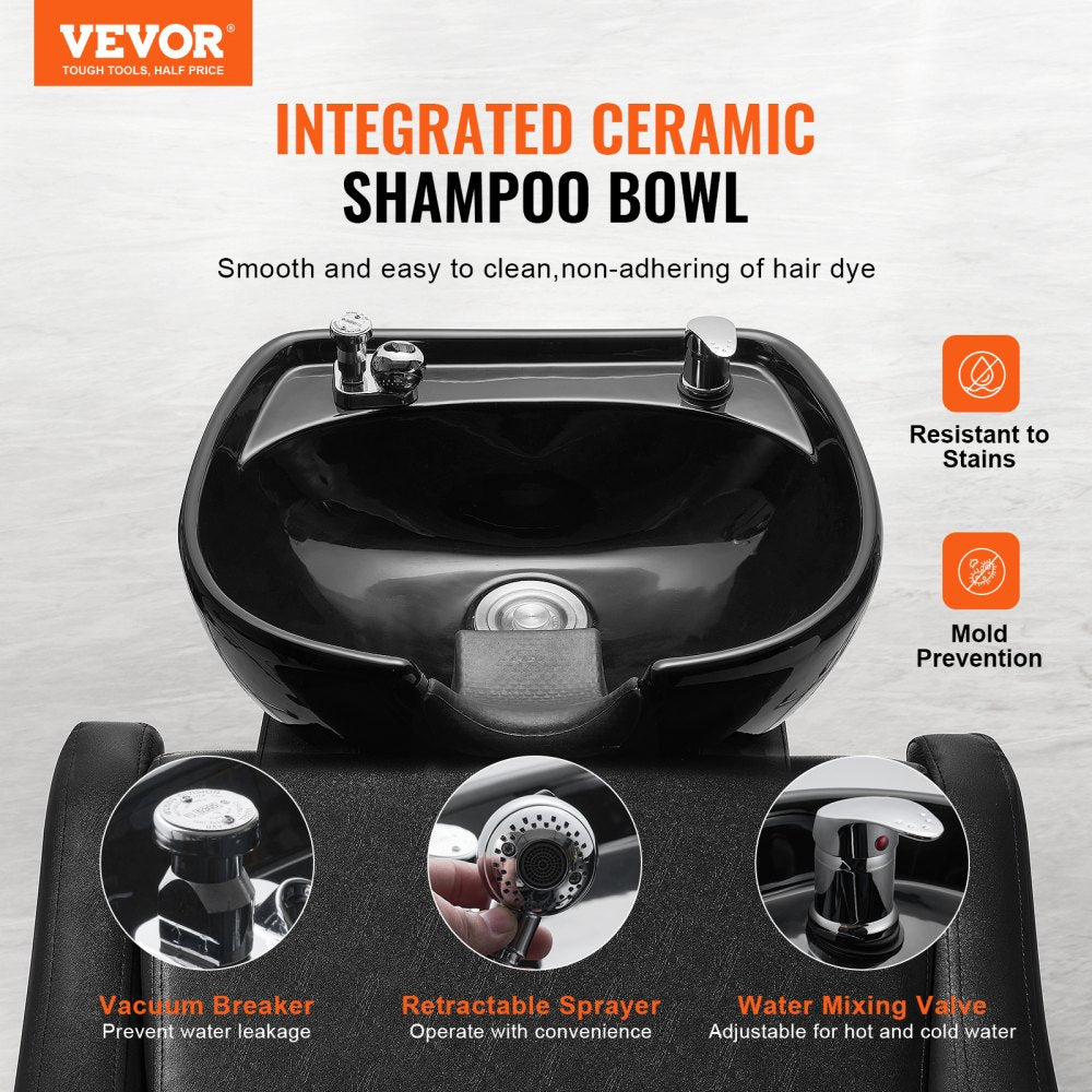 Shampoo Backwash Chair, 661.4LBS Loading Salon & Spa Hair Washing Station, Backwash Barber Shampoo Bowl and Chair, Beauty Spa Massage Hairdressing Equipment with Wide Footrest and Ceramic Bowl