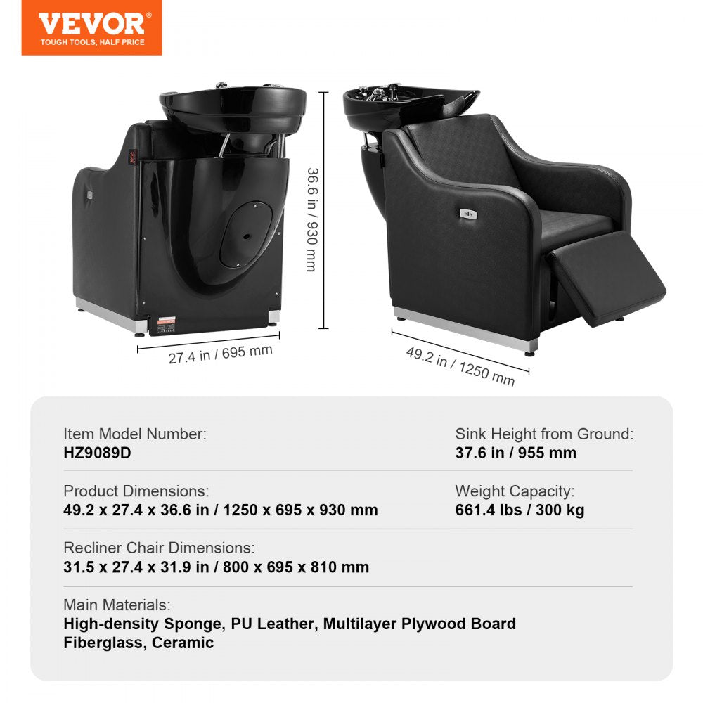 Shampoo Backwash Chair, 661.4LBS Loading Barbershop Hair Washing Station with Electric Adjustable Footrest & Ceramic Bowl, Backwash Salon Shampoo Chair, Beauty Spa Hairdressing Massage Equipment