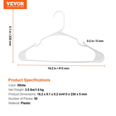 Hangers, 0.2 in Ultra-Thin, 50 Pack White Plastic Hangers with Stable Triangular Top Structure & Wider Notch Design, Non-Slip Space Saving Hangers, Fit for T-Shirt, Shirt, Sling & Pant